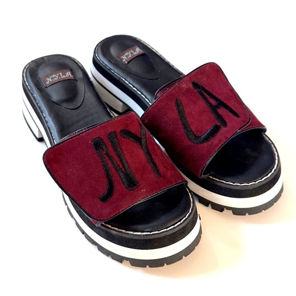 N.Y.L.A. Sandals Sunlily Women's Size 7 Burgundy Mules Chunky Platform Heel - Picture 1 of 7
